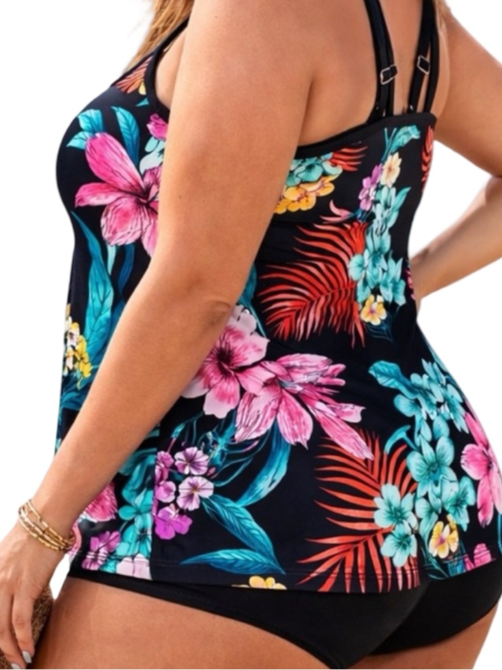 Free Country Floral Tankini Top XXL 1X Black Tropical Swim